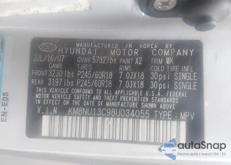 2008 Hyundai Veracruz Gls/Limited/Se z USA, uszkodzony, nr VIN KM8NU13C98U034055